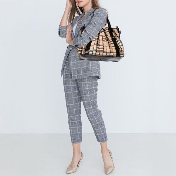 Burberry Black/Beige House Check PVC and Patent Leather Lowry Ruffled Tote - Picture 2 of 4